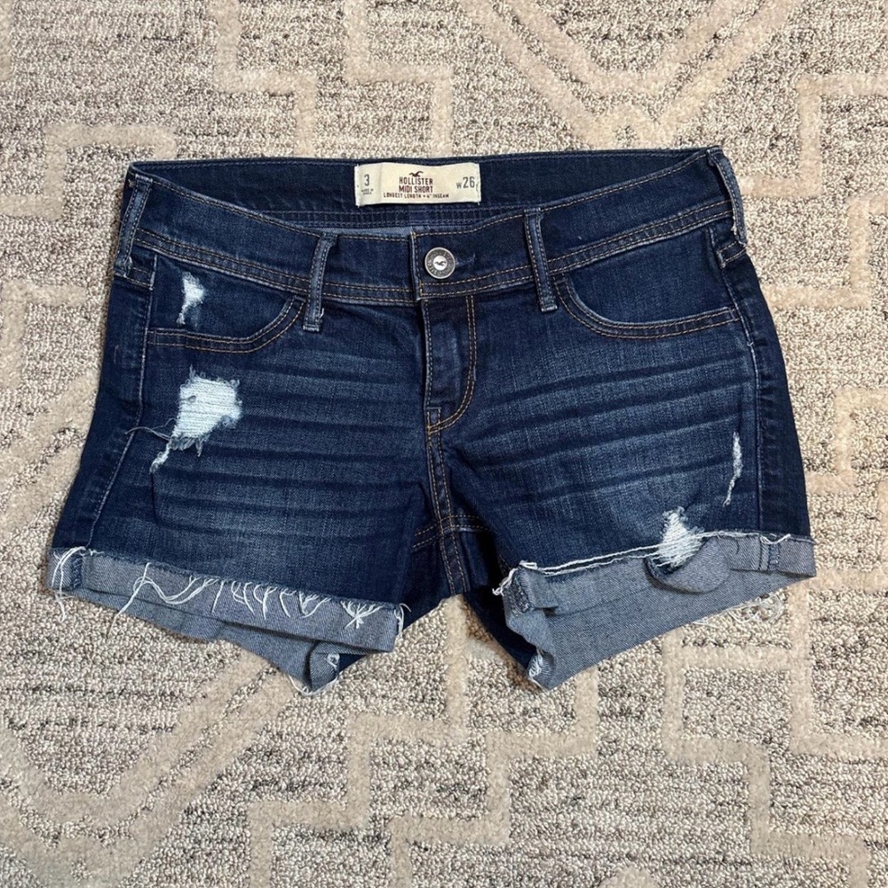 Hollister Dark Blue Distressed Cuffed Midi Short Denim Shorts Size 3